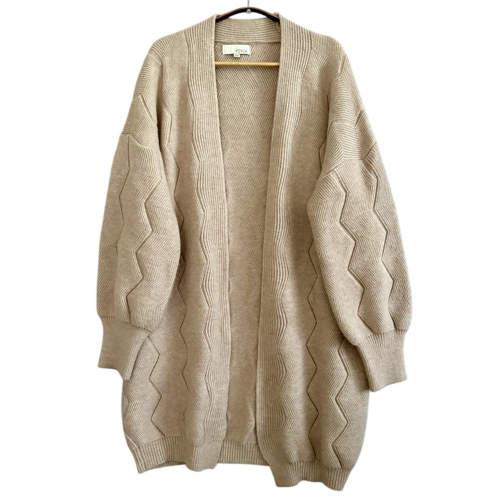 Pinch Women’s Cardigan Open Long Line Zigzag Cream Balloon Sleeve Size S/M